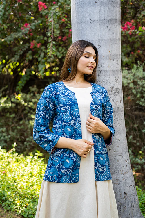 Moralfibre Mango Design Handblock Print Indigo Jacket With Colorful Lining - Image 4