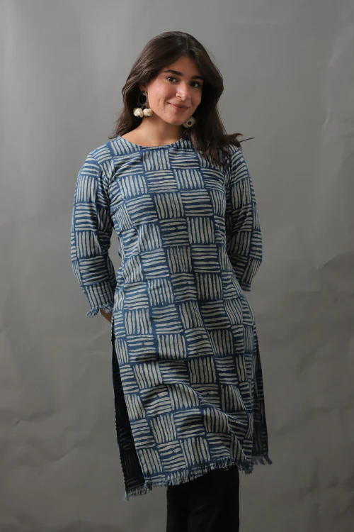 Moralfibre Natural Indigo Cane Printed Kurti With Raw Edges