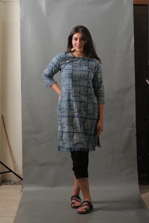 Moralfibre Natural Indigo Cane Printed Kurti With Raw Edges - Image 2