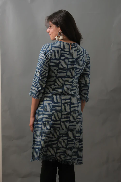 Moralfibre Natural Indigo Cane Printed Kurti With Raw Edges - Image 3