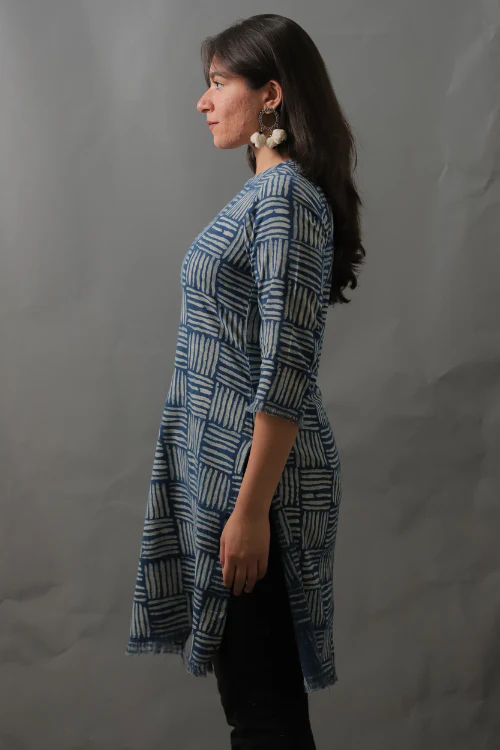 Moralfibre Natural Indigo Cane Printed Kurti With Raw Edges - Image 4