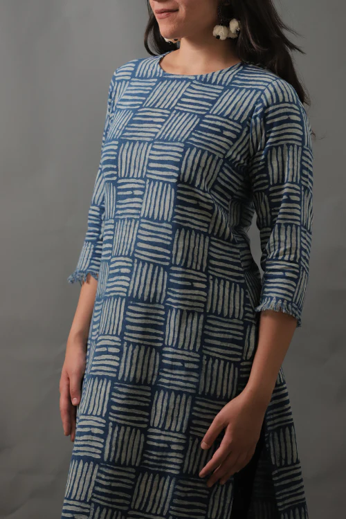 Moralfibre Natural Indigo Cane Printed Kurti With Raw Edges - Image 5