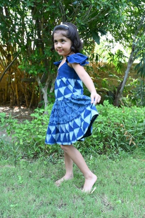 Moralfibre' Natural Indigo Printed Girls Butterfly Frock - Image 3