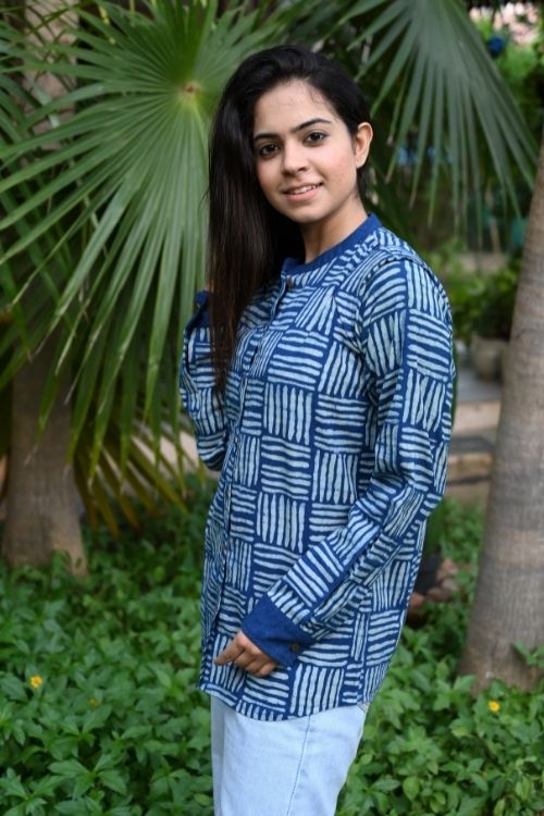 Moralfibre' Natural Indigo Printed Girls Cane Pattern Shirt - Image 3