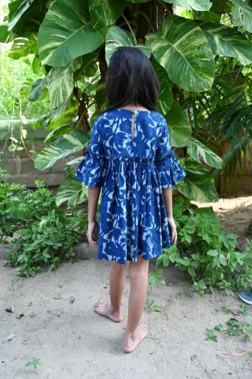 Moralfibre' Natural Indigo Printed Girls Floral Bow Frock - Image 3
