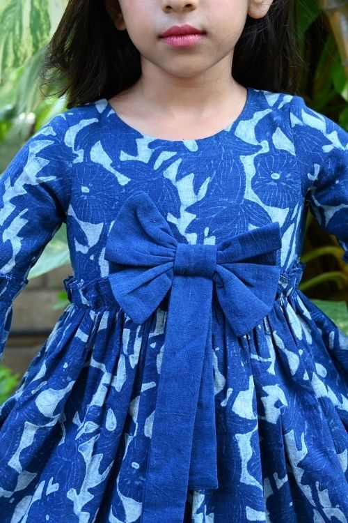 Moralfibre' Natural Indigo Printed Girls Floral Bow Frock - Image 4