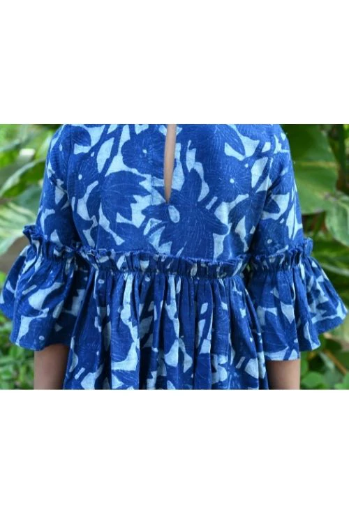 Moralfibre' Natural Indigo Printed Girls Floral Bow Frock - Image 5