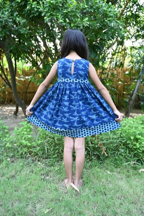 Moralfibre' Natural Indigo Printed Girls Flying Birds Frock - Image 3