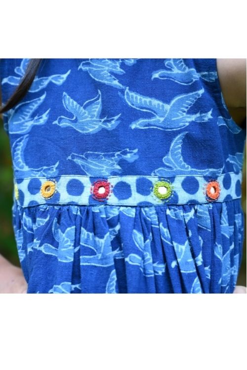 Moralfibre' Natural Indigo Printed Girls Flying Birds Frock - Image 4