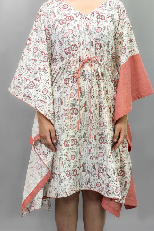 Moralfibre Natural Peach Floral Printed Kaftan Dress - Image 3