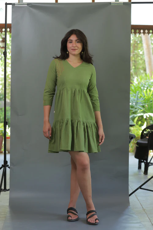 Moralfibre Olive Green Minimal Embroidered Short Dress - Image 2