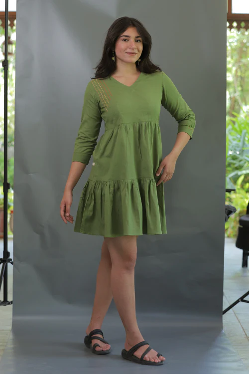 Moralfibre Olive Green Minimal Embroidered Short Dress - Image 3