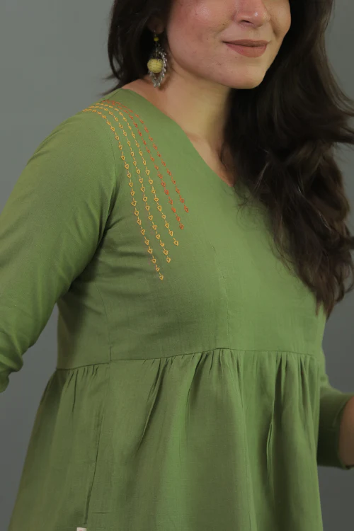 Moralfibre Olive Green Minimal Embroidered Short Dress - Image 4