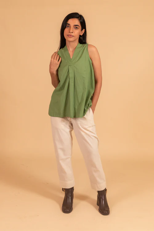 Moralfibre Over Lapping V Neck Incut Sleeve Top From "Shapes Collection " - Moss Green - Image 2