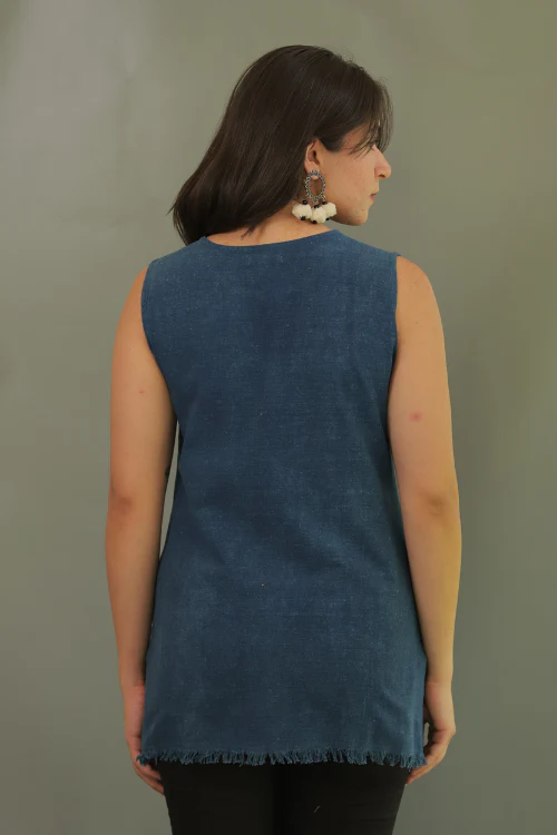 Moralfibre Plain Indigo Short Top With Signature Raw Edges - Image 4