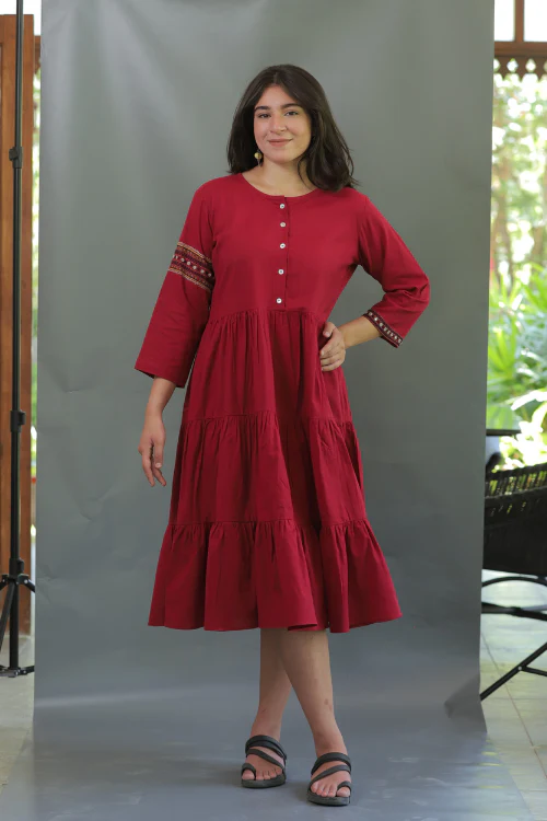 Moralfibre Rich Red Dress With Hand Embroidered Detailing - Image 2