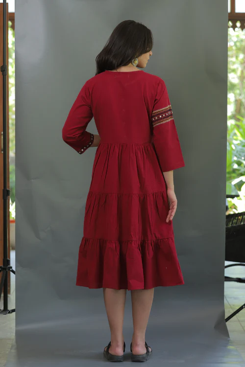 Moralfibre Rich Red Dress With Hand Embroidered Detailing - Image 3