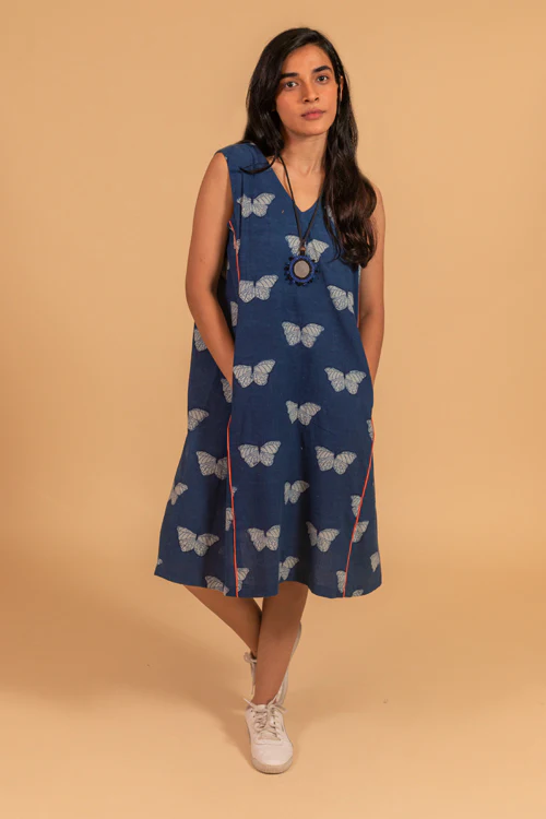 Moralfibre Sleeveless V Neck Dress From "Shapes Collection " - Indigo
