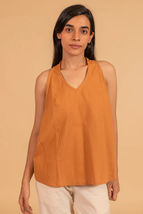 Moralfibre V Neck Incut Sleeves Top With Elasticated Side Panel From "Shapes Collection " - Golden Brown