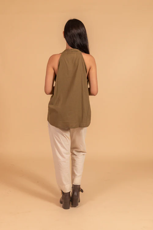 Moralfibre V Neck Incut Sleeves Top With Elasticated Side Panel From "Shapes Collection " - Khakhi - Image 3