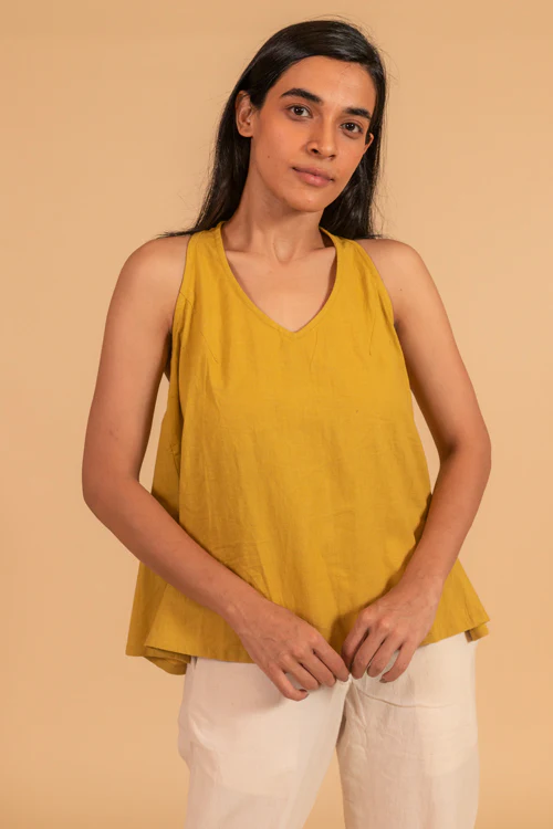 Moralfibre V Neck Incut Sleeves Top With Elasticated Side Panel From "Shapes Collection " - Mustard