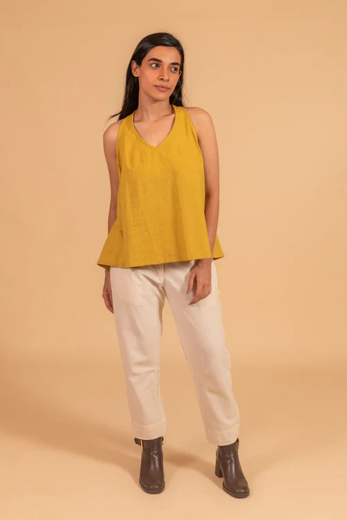 Moralfibre V Neck Incut Sleeves Top With Elasticated Side Panel From "Shapes Collection " - Mustard - Image 2