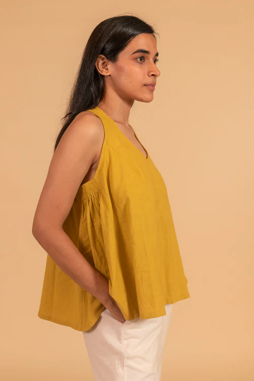 Moralfibre V Neck Incut Sleeves Top With Elasticated Side Panel From "Shapes Collection " - Mustard - Image 3