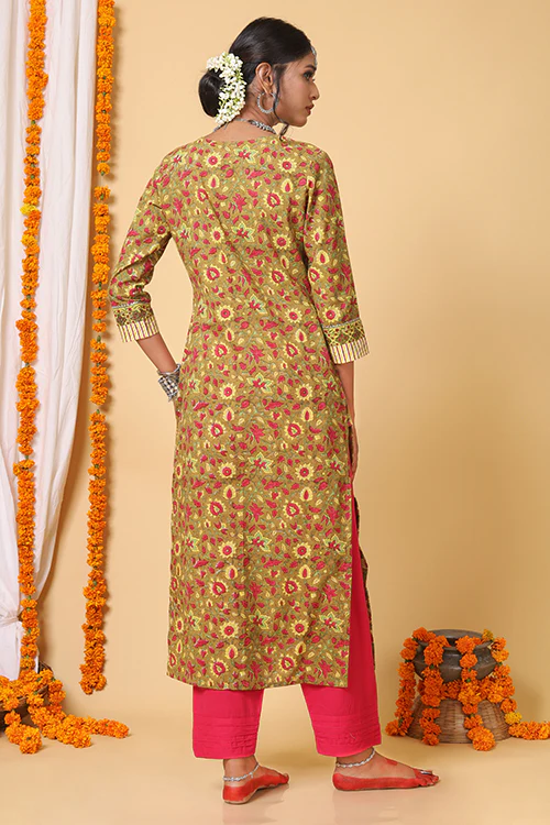 Shuddhi Mustard and Yellow Handblock Printed kurta With Bhandej Duppatta - Image 3