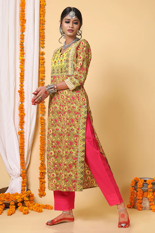 Shuddhi Mustard and Yellow Handblock Printed kurta With Bhandej Duppatta - Image 5