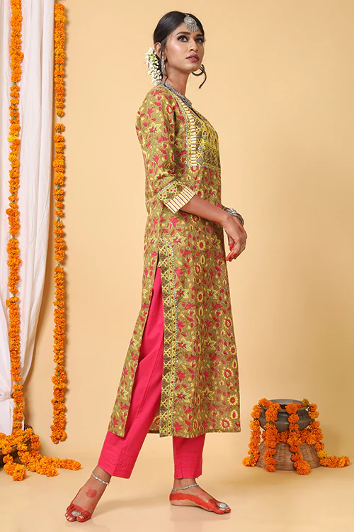 Shuddhi Mustard and Yellow Handblock Printed kurta With Bhandej Duppatta - Image 6