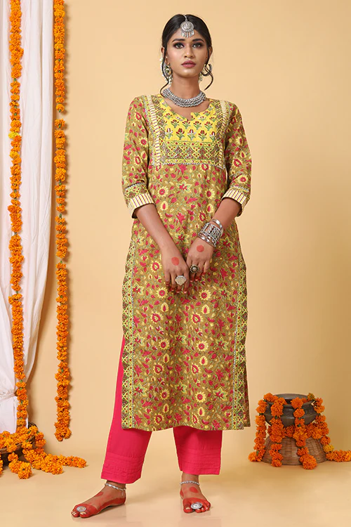 Shuddhi Mustard and Yellow Handblock Printed kurta With Bhandej Duppatta - Image 7