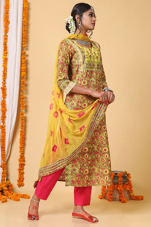Shuddhi Mustard and Yellow Handblock Printed kurta With Bhandej Duppatta - Image 8