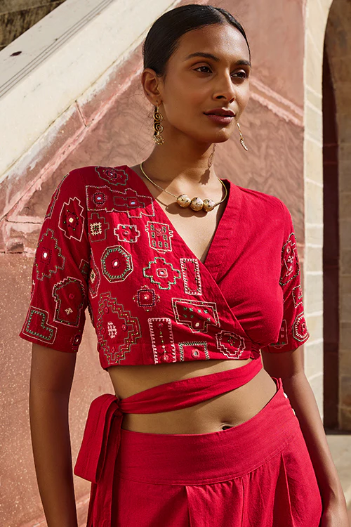 Okhai "Nagara" Hand Embroidered Mirror and Beadwork Pure Cotton Wrap Top