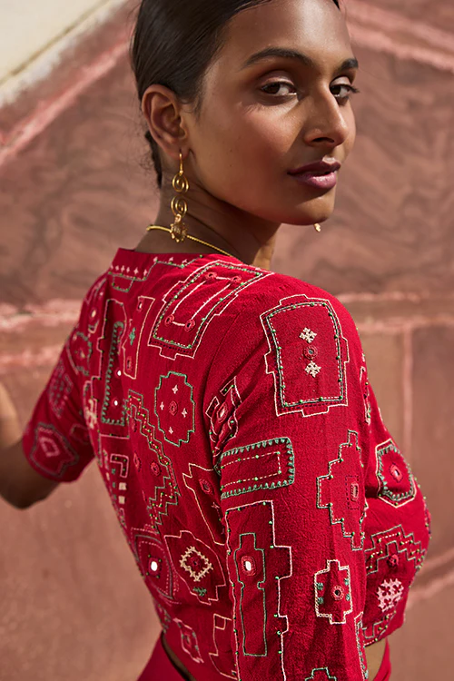Okhai "Nagara" Hand Embroidered Mirror and Beadwork Pure Cotton Wrap Top - Image 4