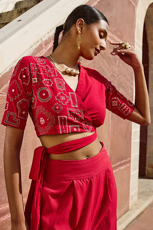 Okhai "Nagara" Hand Embroidered Mirror and Beadwork Pure Cotton Wrap Top - Image 5