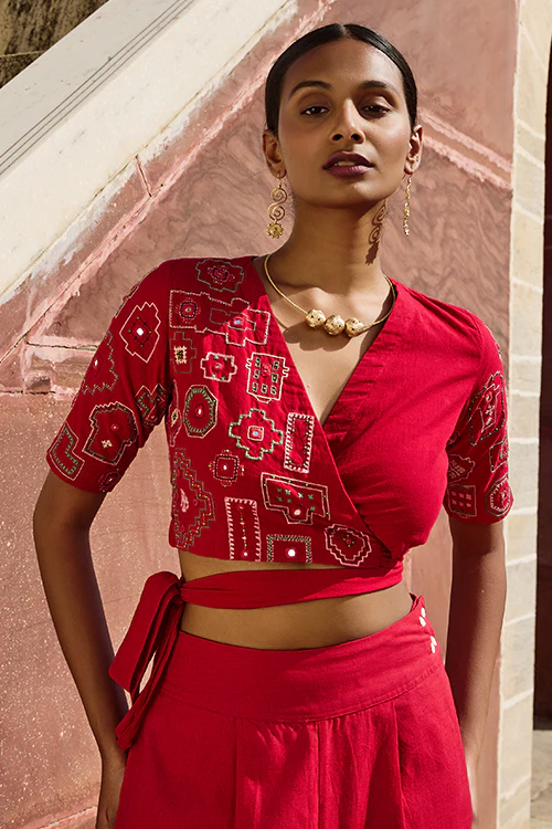Okhai "Nagara" Hand Embroidered Mirror and Beadwork Pure Cotton Wrap Top - Image 6