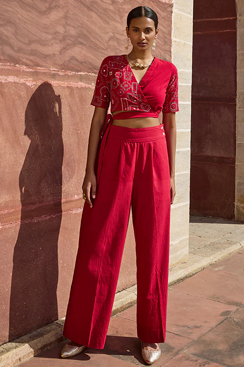 Okhai "Nagara" Hand Embroidered Mirror and Beadwork Pure Cotton Wrap Top - Image 7