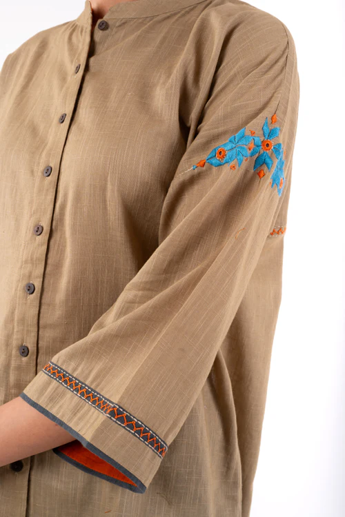 Rangsutra Naman Beige Mandarin Collar Soof Hand Embroidered Top - Image 12