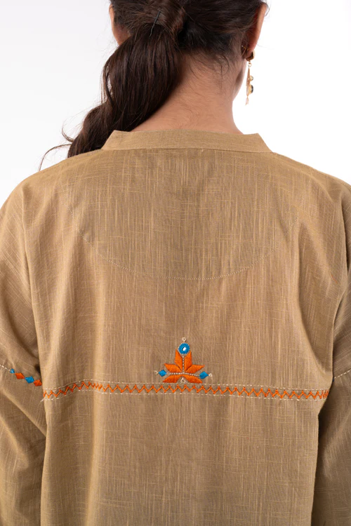 Rangsutra Naman Beige Mandarin Collar Soof Hand Embroidered Top - Image 14
