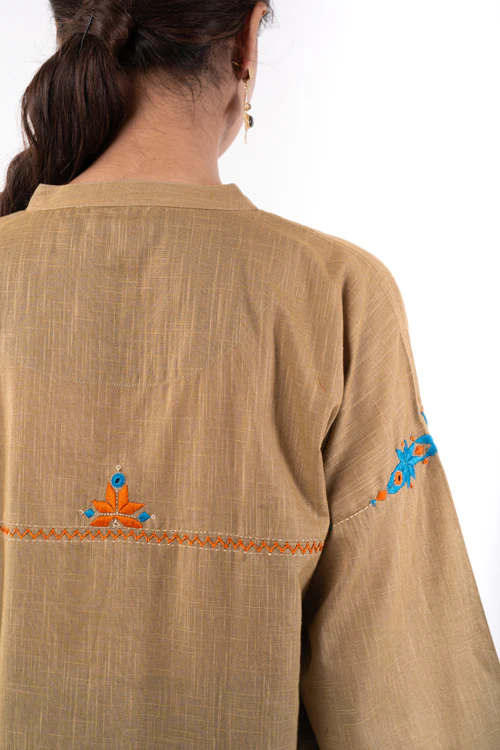 Rangsutra Naman Beige Mandarin Collar Soof Hand Embroidered Top - Image 15