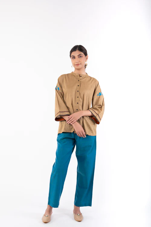 Rangsutra Naman Beige Mandarin Collar Soof Hand Embroidered Top - Image 2