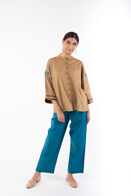 Rangsutra Naman Beige Mandarin Collar Soof Hand Embroidered Top - Image 3