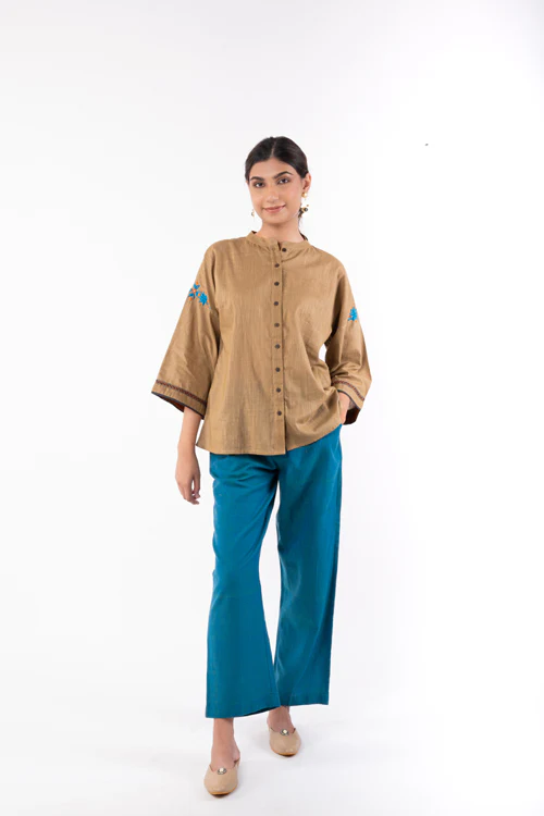 Rangsutra Naman Beige Mandarin Collar Soof Hand Embroidered Top - Image 4
