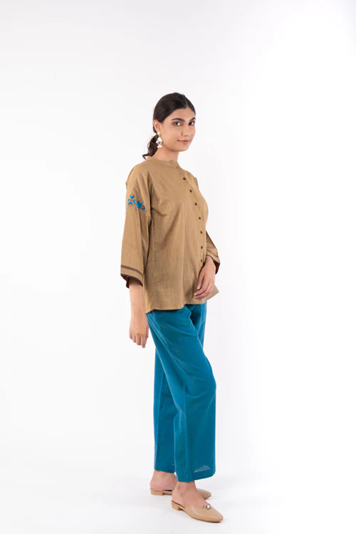 Rangsutra Naman Beige Mandarin Collar Soof Hand Embroidered Top - Image 5