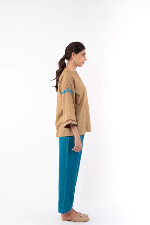 Rangsutra Naman Beige Mandarin Collar Soof Hand Embroidered Top - Image 6