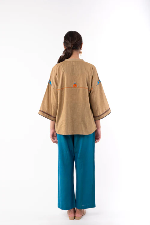 Rangsutra Naman Beige Mandarin Collar Soof Hand Embroidered Top - Image 7