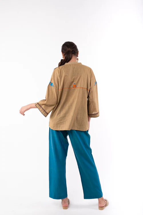 Rangsutra Naman Beige Mandarin Collar Soof Hand Embroidered Top - Image 8