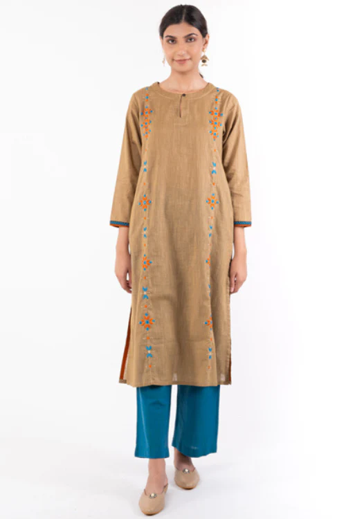 Rangsutra Naman Beige Soof Hand Embroidered Straight Kurta