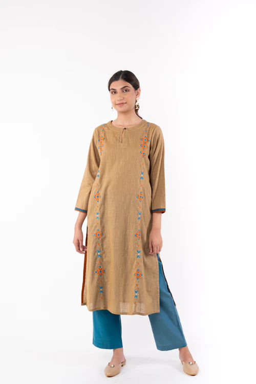 Rangsutra Naman Beige Soof Hand Embroidered Straight Kurta - Image 4