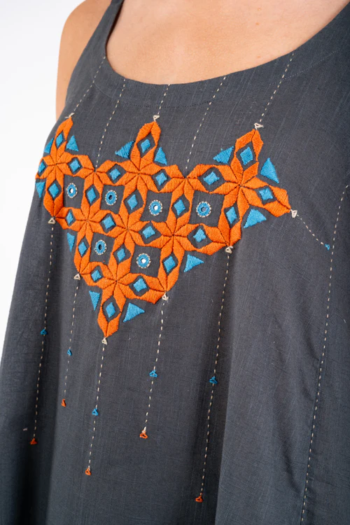 Rangsutra Naman Charcoal Soof Hand Embroidered Midi Dress - Image 3